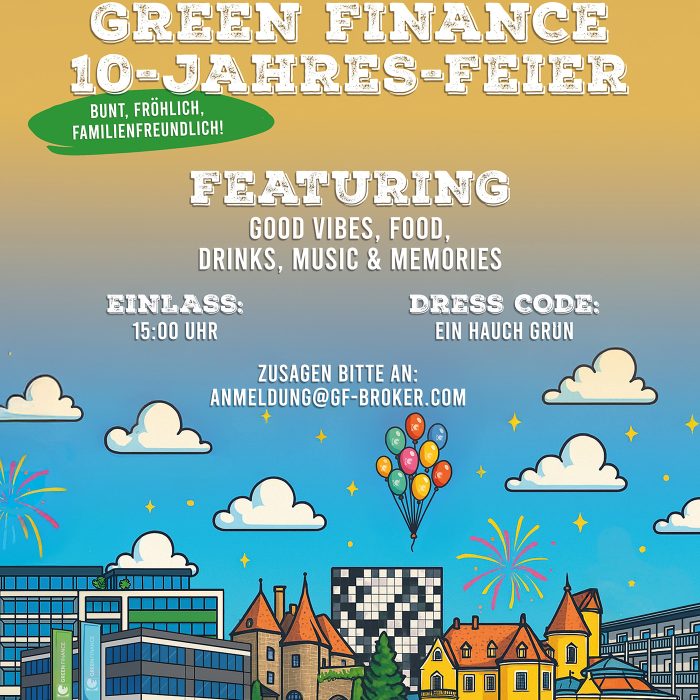 Buntes Veranstaltungsplakat zur Green Finance 10-Jahres-Feier mit Datum, Ort, Dresscode und familienfreundlichem Hinweis.