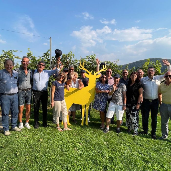 Gruppenfoto mit einem gelben Hirsch vor Weinreben